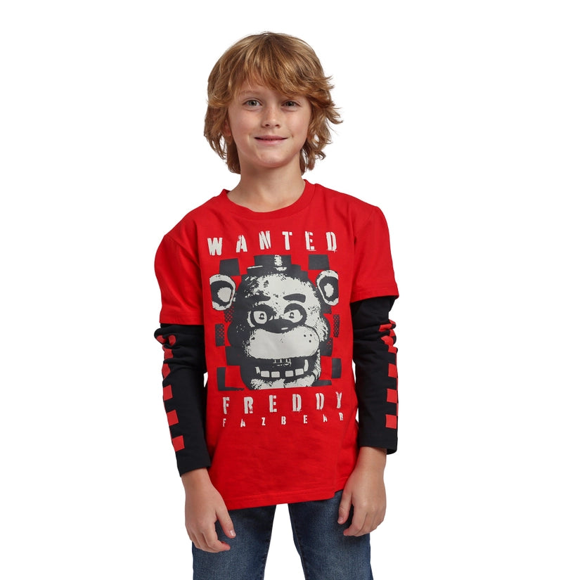 FNAF Wanted Freddy Red Boy's Layered Long Sleeve Tee