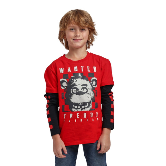 FNAF Wanted Freddy Red Boy's Layered Long Sleeve Tee
