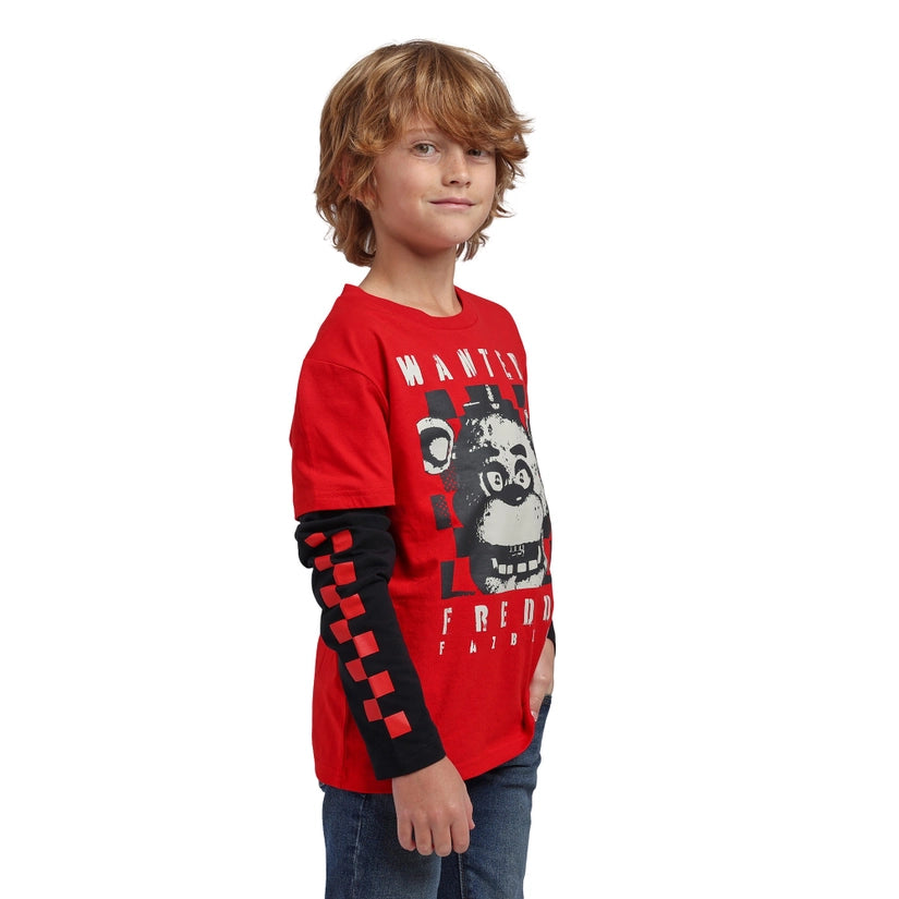 FNAF Wanted Freddy Red Boy's Layered Long Sleeve Tee