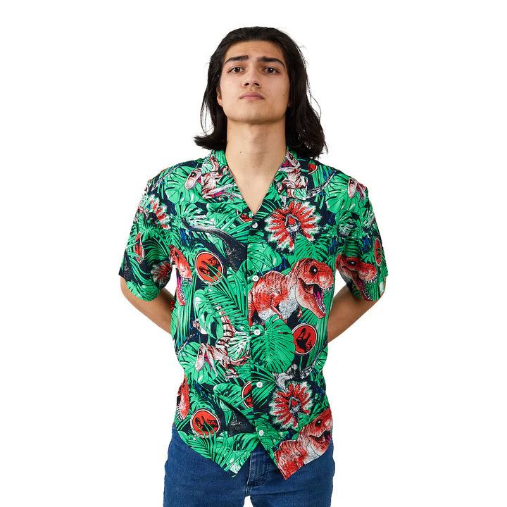 Jurassic Park Dinosaurs & Jungle Foliage AOP Mens Short Sleeve Woven Button-Down Shirt