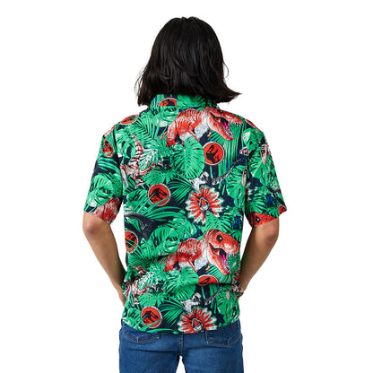 Jurassic Park Dinosaurs & Jungle Foliage AOP Mens Short Sleeve Woven Button-Down Shirt