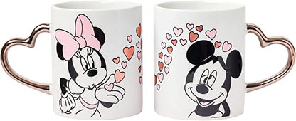 Disney 14 oz. Minnie Blowing Kiss to Mickey with Hearts Gold Heart Shaped Handle 2 Pack Mug Set