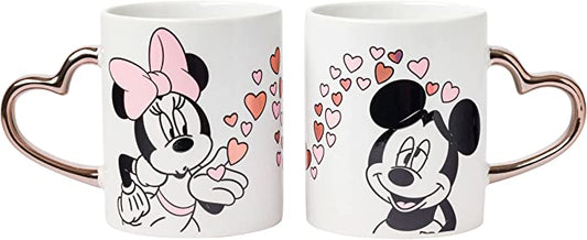Disney 14 oz. Minnie Blowing Kiss to Mickey with Hearts Gold Heart Shaped Handle 2 Pack Mug Set