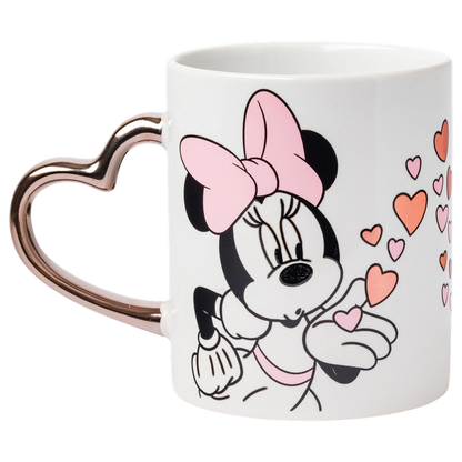 Disney 14 oz. Minnie Blowing Kiss to Mickey with Hearts Gold Heart Shaped Handle 2 Pack Mug Set