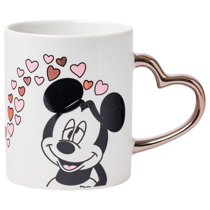 Disney 14 oz. Minnie Blowing Kiss to Mickey with Hearts Gold Heart Shaped Handle 2 Pack Mug Set