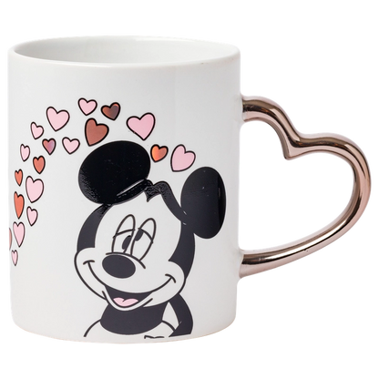 Disney 14 oz. Minnie Blowing Kiss to Mickey with Hearts Gold Heart Shaped Handle 2 Pack Mug Set