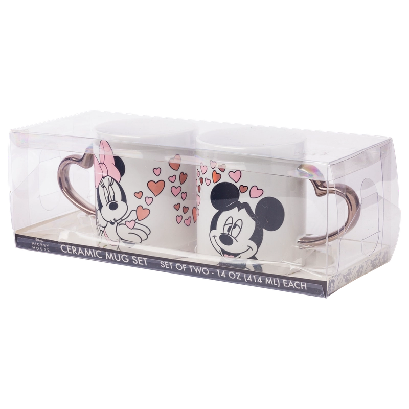 Disney 14 oz. Minnie Blowing Kiss to Mickey with Hearts Gold Heart Shaped Handle 2 Pack Mug Set