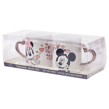 Disney 14 oz. Minnie Blowing Kiss to Mickey with Hearts Gold Heart Shaped Handle 2 Pack Mug Set