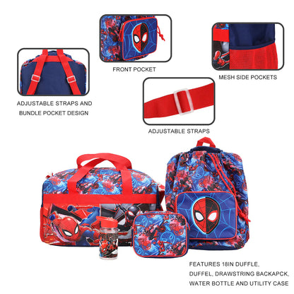 Spider-Man 4-Piece Duffel Drawstring Backpack Water Bottle and Utility Case Blue Youth Duffle Bag Set