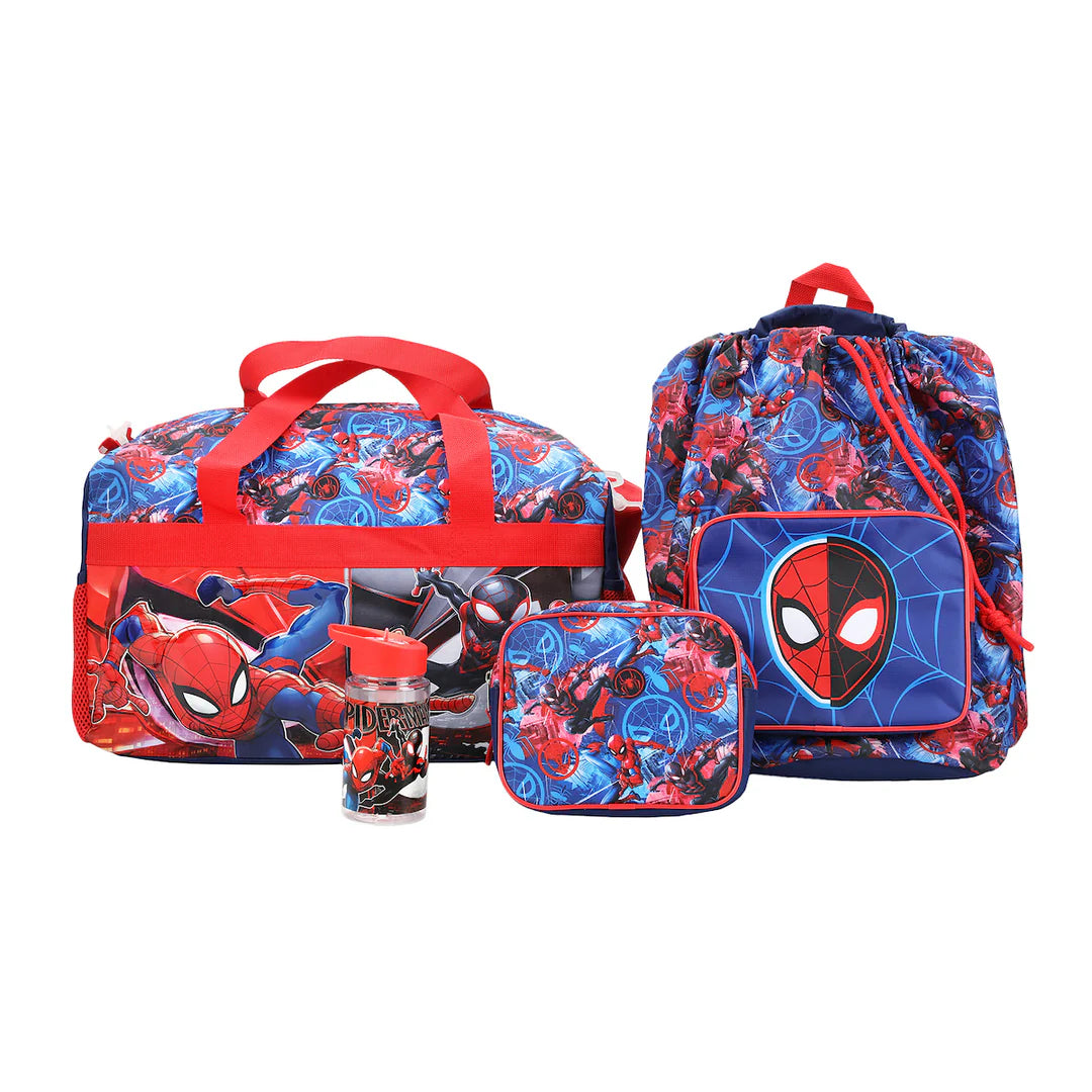 Spider-Man 4-Piece Duffel Drawstring Backpack Water Bottle and Utility Case Blue Youth Duffle Bag Set