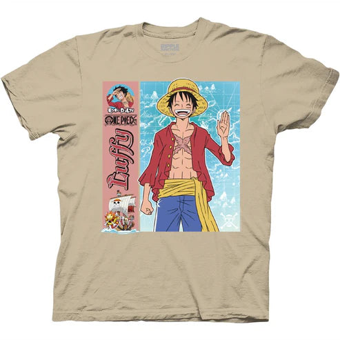 One Piece - Luffy Map with Kanji Tan Adult Short Sleeve Tee